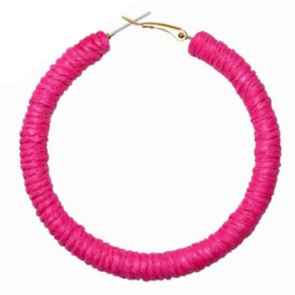 Fuchsia Pink Wicker Rattan Hoops Oversized Statement Earrings Big Bohemian Hoop - Picture 2 of 6